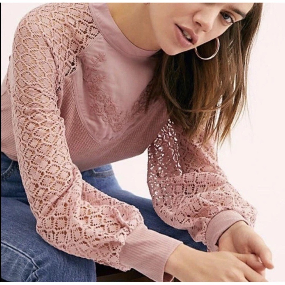 Free People Women's‎ Sweetest Thing Thermal Pink Blush Top Lace Balloon Sleeve M - Picture 4 of 16
